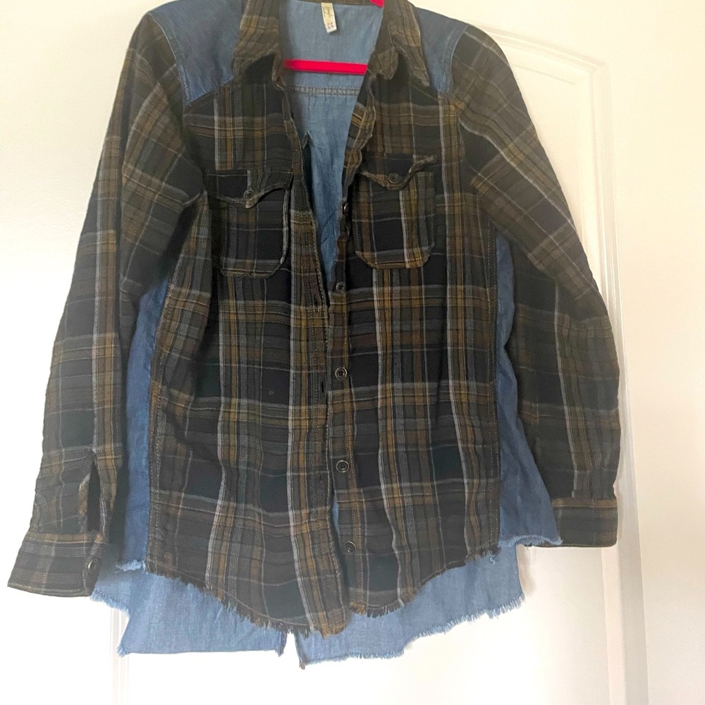 Free People Flannel And Demin asymmetrical shacket